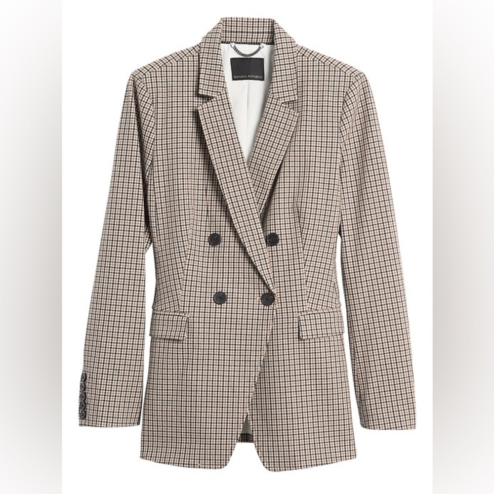 Banana Republic Tan and Black Slim Double-Breasted Plaid Blazer